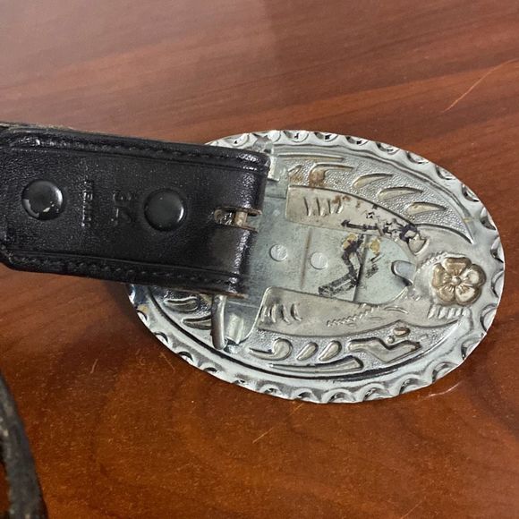 PRCA Rodeo Black Tooled Leather Belt Metal Buckle with Mother of Pearl Adult 34
